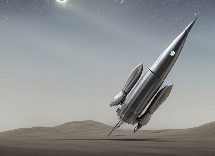 Prompt: a pure silver minimalist rocket has landed on a desert, minimalist design, by jean delville and sophie anderson and mandy jurgens and ralph mac quarrie, retrofuturism, immaculate scale, moody atmosphere, cinematic atmospheric, cinematic lighting, golden ratio, perfect composition, elegant, no crop, extremely detailed, 4 k, hd, sharp focus, masterpiece, trending on artstation