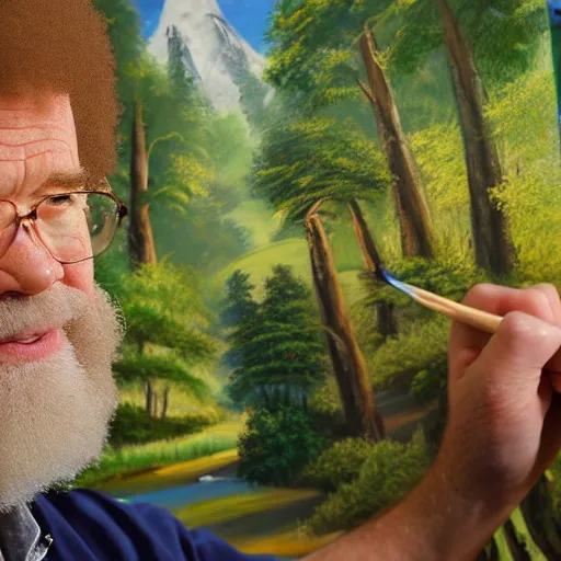 Prompt: a closeup photorealistic photograph of bob ross putting the finishing touches on a canvas painting that includes ashley schaeffer. mountains and trees. film still. brightly lit scene. this 4 k hd image is trending on artstation, featured on behance, well - rendered, extra crisp, features intricate detail, epic composition and the style of unreal engine.