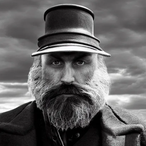 Image similar to Live Action Still of Jerma985 in a film as a Lighthouse Keeper with an overcoat, hat, and beard, black and white, hyperrealistic, ultra realistic, realistic, highly detailed, epic, HD quality, 8k resolution, body and headshot, film still