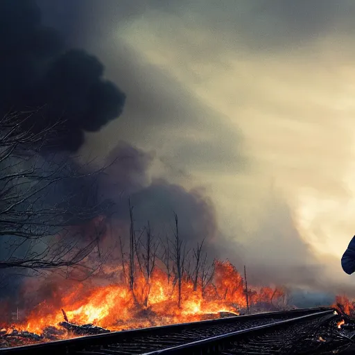 Image similar to a person at a trainwreck, devastation on the railroad, atmospheric smoke and fog, fire and flames, post-apocalyptic, Cinematic horror, high detail, 4k