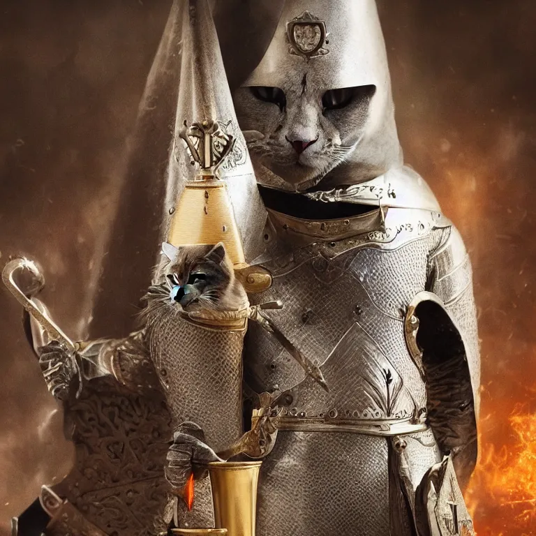 Image similar to an amazing award winning photo of a cat as knight templar protecting the holy grail, very detailed and sharp, 4k hdr, cinematic masterpiece