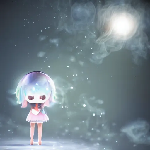 Image similar to cute fumo plush girl gazing into a crystal ball swirling with strange energy, smoke and volumetric fog, lens flare glow, chibi, vray