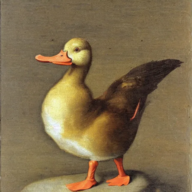 Prompt: baroque dutch painting from 1 6 7 0 of a duck holding a trangle