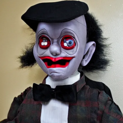 Image similar to scary looking cursed ventriloquist dummy for sale in thrift store