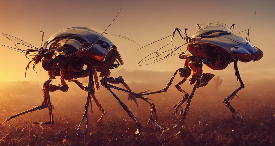 Prompt: insect robot, hyperdetailed, artstation, cgsociety, golden hour 8k