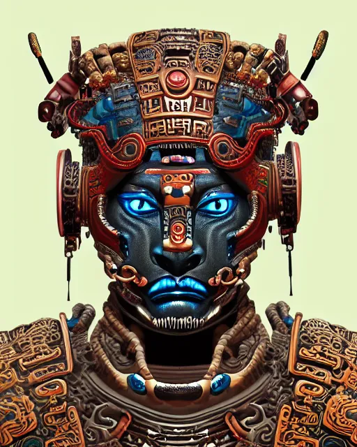 Prompt: portrait of a mayan masculine male cyberpunk jaguar warrior, machine face, upper half portrait, decorated with chinese opera motifs, muscular, latin, fine china, wuxia, traditional mayan art, intricate intense elegant, highly detailed symmetry headpiece digital painting artstation concept art smooth sharp focus illustration, art by moebius and frank miller diego rivera 8 k