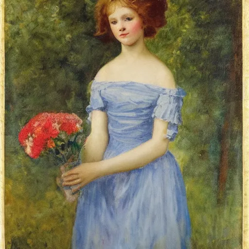 Image similar to beautiful girl, with flowers in her hand and a blue dress, Anderson Sophie