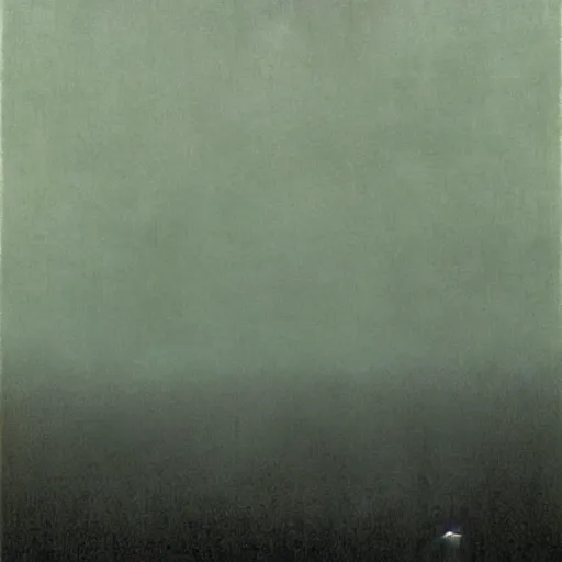 Prompt: thick fog, boxes levitating in air, zdzislaw beksinski