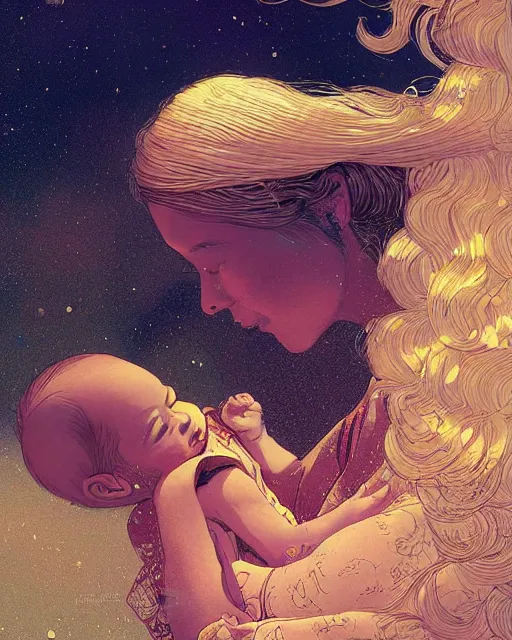 Image similar to a beautiful maiden caressing a baby girl with golden hair, close up, digital art, illustrated by james gurney and victo ngai