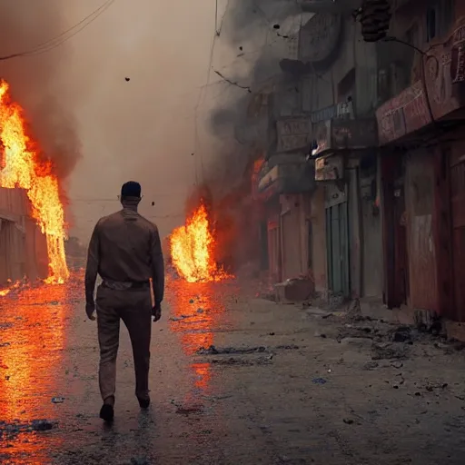 Image similar to a Film still of Karachi streets abandoned, on fire, dramatic, 4k, in the new Christopher Nolan movie