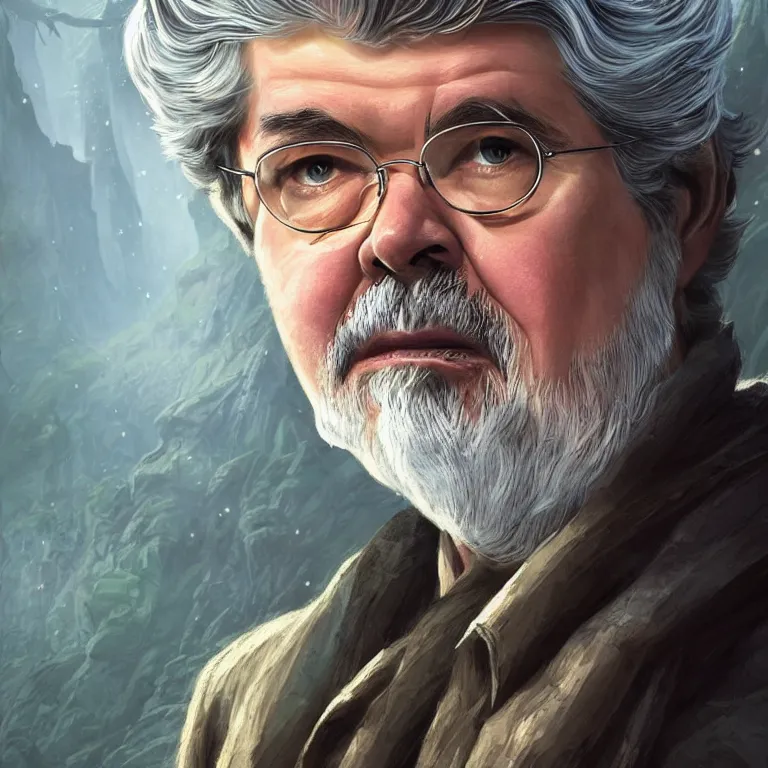 Image similar to beautiful cinematic fantasy poster with George Lucas from Middle-Earth, fantasy, portrait, sharp focus, intricate, elegant, digital painting, artstation, matte, highly detailed, concept art, illustration, ambient lighting, hybrid from The Elden Ring and art direction by Darius Zawadzki ;by artgerm; wayne reynolds art station; cinematic quality character render; low angle; ultra high quality model; production quality cinema model;