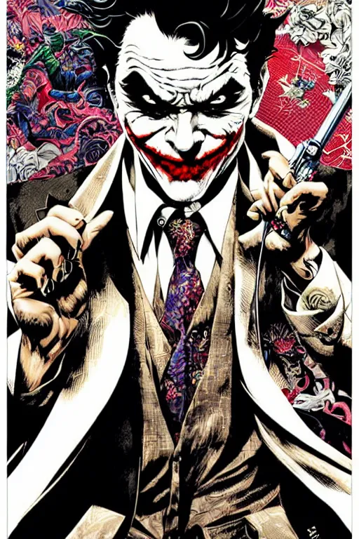 Image similar to poster of joker as a yakuza gangster, by yoichi hatakenaka, masamune shirow, josan gonzales and dan mumford, ayami kojima, takato yamamoto, barclay shaw, karol bak, yukito kishiro, highly detailed