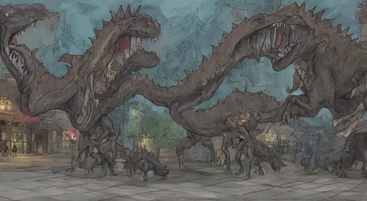 Image similar to weredinosaur changes form on busy sidewalk , concept art, cinematic