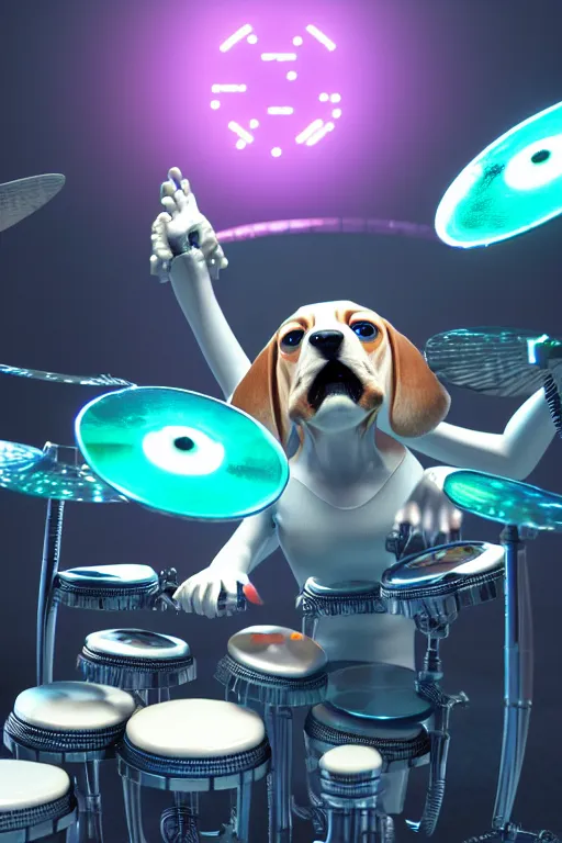 Image similar to high quality 3 d render very cute cyborg beagle plays drums!, cyberpunk highly detailed, unreal engine cinematic smooth, in the style of blade runner & pixar, hannah yata charlie immer, moody light, low angle, uhd 8 k, sharp focus