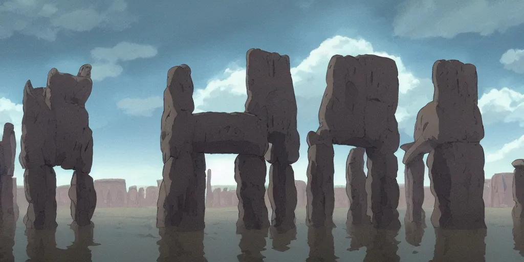 Image similar to a realistic cell - shaded studio ghibli concept art from paprika ( 2 0 0 6 ) of a giant mammoth and a grey warrior in a flooded monument valley stonehenge on a misty starry night. very dull colors, wide shot, hd, 4 k, hq