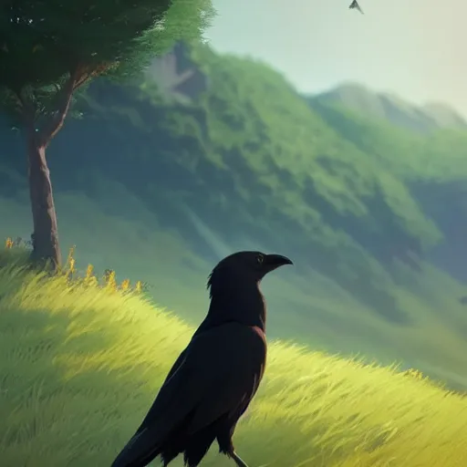 Image similar to a wholesome animation key shot of a crow on a hill, portrait shot, studio ghibli, pixar and disney animation, sharp, rendered in unreal engine 5, anime key art by greg rutkowski, bloom, dramatic lighting