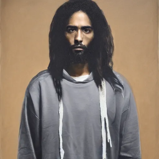 Image similar to a full body portrait of modern day jesus wearing jerry lorenzo streetwear hoodie and pants by nicola samori, oil painting, smudges, realistic, 8 k, adidas sneakers style