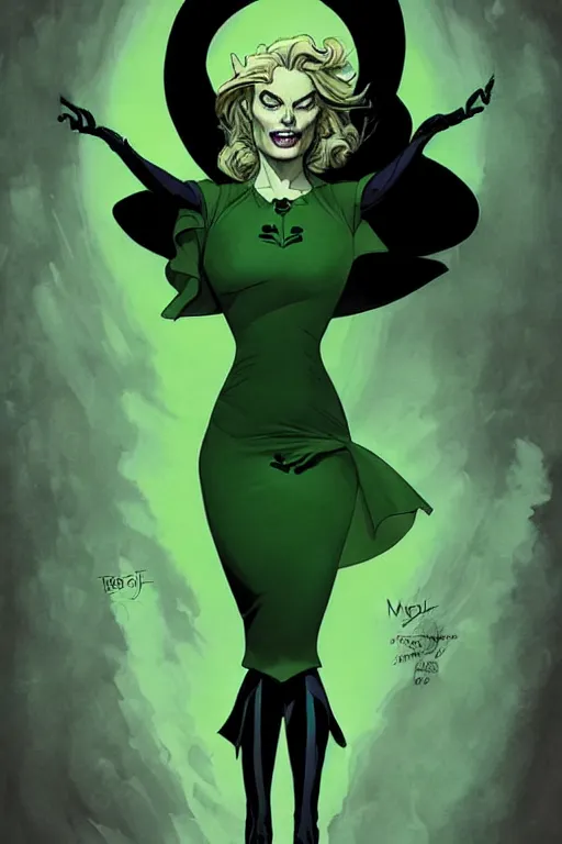 Prompt: Wicked witch of the west margot robbie, style of Joshua Middleton comic book art Nick Dragotta comic art, black and green eyes, symmetrical face, symmetrical eyes, scary smile, full body, dark green dress