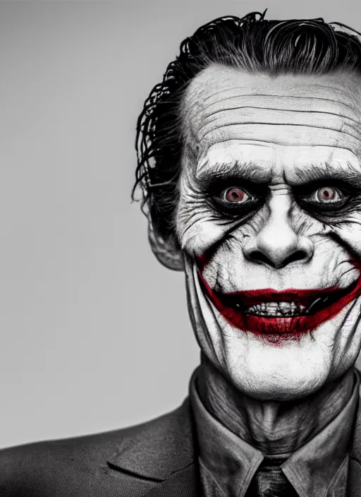 Image similar to photo of Willem Dafoe as the Joker by Eolo Perfido and Lee Jeffries, big smile, head shot, detailed, award winning, Sony a7R