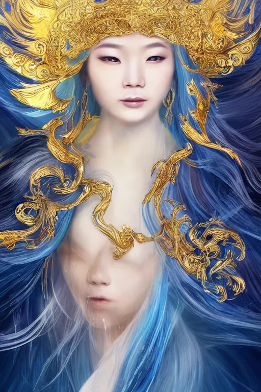 Image similar to a beautiful young asian woman, Queen of the Sea Mu Yanling, long flowing white hair, blue yellow robe with wide feather like quality, water flowing and floating around, young female face, liquid magic, cinematic top lighting, insanely detailed and intricate, face by wlop, Charlie Bowater, golden ratio, symmetric, elegant, ornate, luxury, elite, matte painting, MTG, magic the gatheing, cinematic, cgsociety, 8k, high resolution,