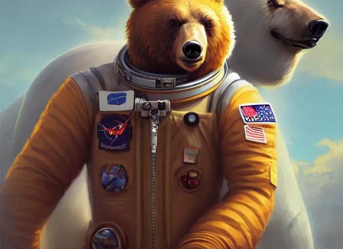 Image similar to character portrait feature of the anthro male anthropomorphic kamchatka brown bear fursona wearing cosmonaut outfit uniform professional pilot astronaut cosmonaut spirited disciplined character design stylized by charlie bowater, ross tran, artgerm, and makoto shinkai, detailed, soft lighting, rendered in octane