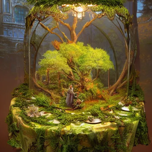 Prompt: a miniature tabletop forest glowing under an ornate glass dome, by paulette tavormina and michael whelan and donato giancola, on a sumptuous tablecloth, hyper realistic, extremely detailed, dramatic lighting, victorian, unreal engine, featured on artstation