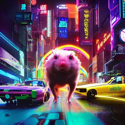 Image similar to rainbow hamster in the style of cyberpunk 2 0 7 7, 8 k, hd, light reflection