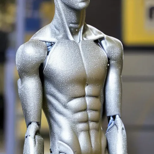 Image similar to a realistic detailed photo of a guy who is an attractive humanoid who is half robot and half humanoid, who is a male android, soccer player martin ødegaard, shiny skin, posing like a statue, blank stare, by the pool, on display, showing off his muscles, humanoid robot, frozen ice statue