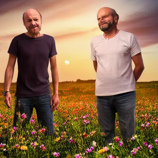 Image similar to a man is white and balding, and middle aged, and the other man is latino and skinny, together in a field of flowers at sunset, realistic, intricate, 4k