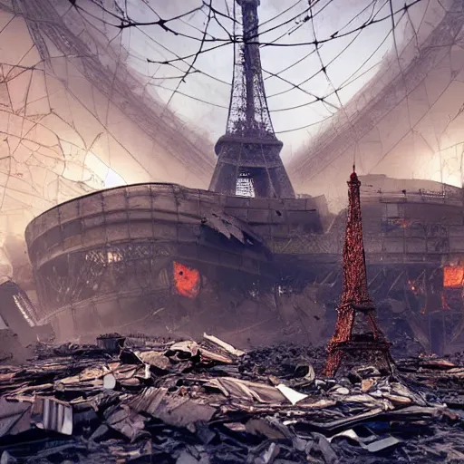 Image similar to A beautiful intricate 8K award-winning ground-level cinematic movie photograph of the future rusting rubble of the fallen and decimated Eiffel Tower, lying in pieces on the ground, surrounded by neon and collapsing corporate video billboard displays. in the year 2050, by Bruno Delbonnel and greg rutkowski. octane render, Arri Alexa 65. Cinematic lighting