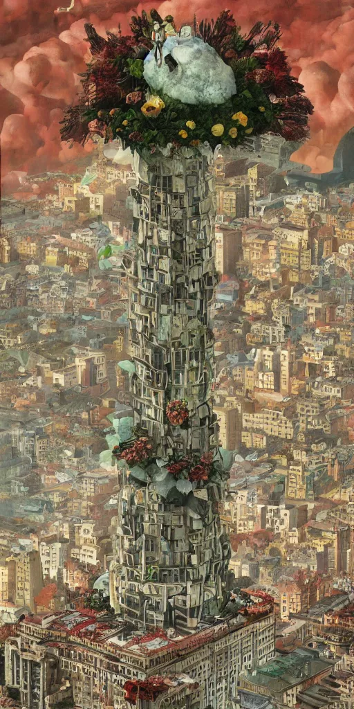 Image similar to giant grotesque flower in the middle of abandoned early soviet constructivist cityscape, Stalinist architecture, ultradetailed by Hayao Miyazaki and Josan Gonzalez and Makoto Shinkai and Giuseppe Arcimboldo and Wes Anderson