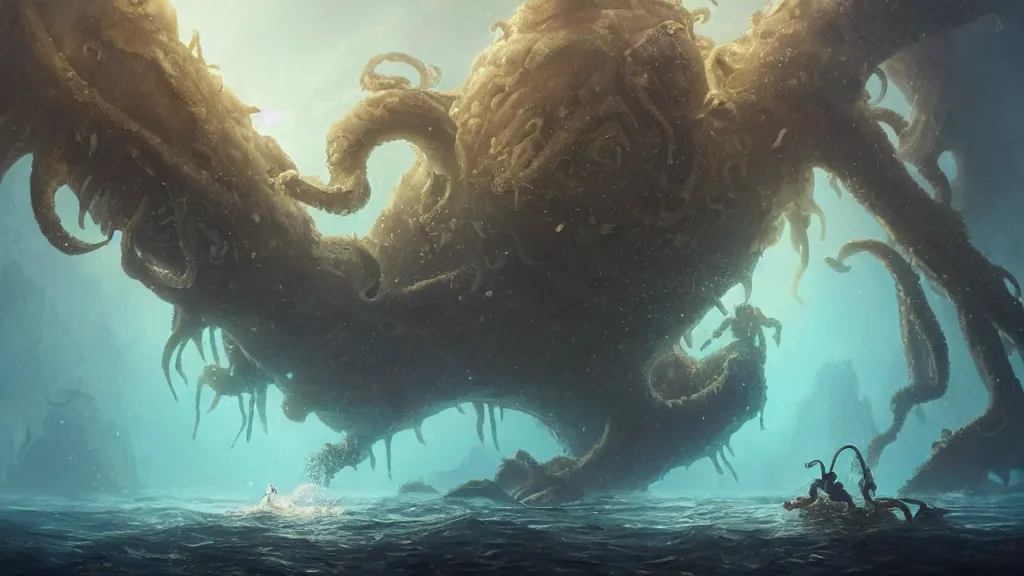 Image similar to A diver is under the sea, he is swimming away from the giant Cthulhu that is behind hunting him, this is an extravagant planet with wacky wildlife and some mythical animals, the background is full of ancient ruins, the ambient is dark with a terrifying atmosphere, by Jordan Grimmer digital art, trending on Artstation,