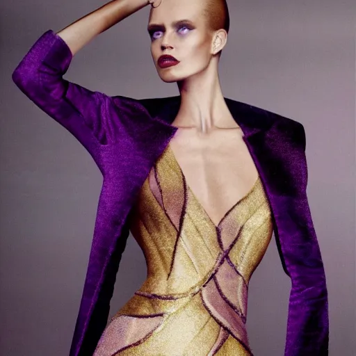 Image similar to editorial fashion tan skin super model in a couture gold and purple hues dress photography, from Vogue magazine Patrick Demarchelier