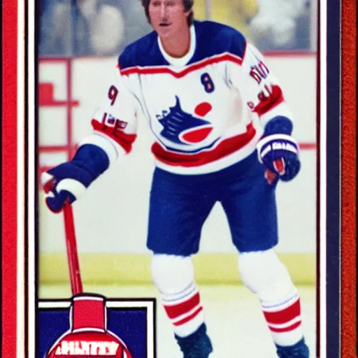 Prompt: wayne gretzky plays in bjorkloven 1 9 8 0 s hockey card