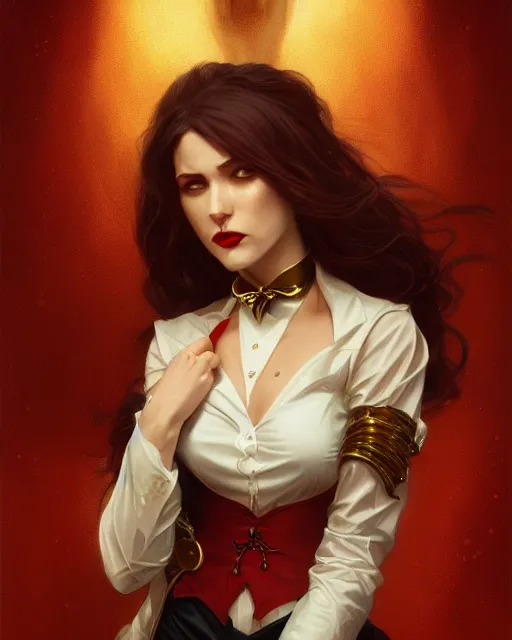 Image similar to female vampire, perfect face, gold waistcoat, red necktie, cinematic, stunning, highly detailed, digital painting, artstation, smooth, hard focus, illustration, art by artgerm and greg rutkowski and alphonse mucha