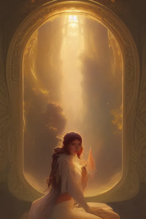 Image similar to painting of a shy noon in front of a dimensional portal, decorated, intricate, elegant, highly detailed, digital painting, artstation, concept art, smooth, sharp focus, illustration, art by artgerm and greg rutkowski and alphonse mucha, 8 k