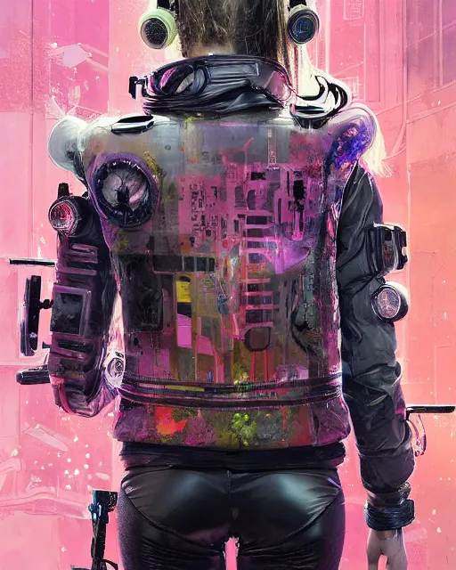 Image similar to detailed portrait neon guard girl with long straight blonde hair goggles seen from the back, cyberpunk futuristic, reflective puffer jacket, black leggings, decorated with traditional ornaments in front of a dystopian crowd with piles of garbage by ismail inceoglu dragan bibin hans thoma, perfect face, fine details, realistic shaded, fine - face, pretty face