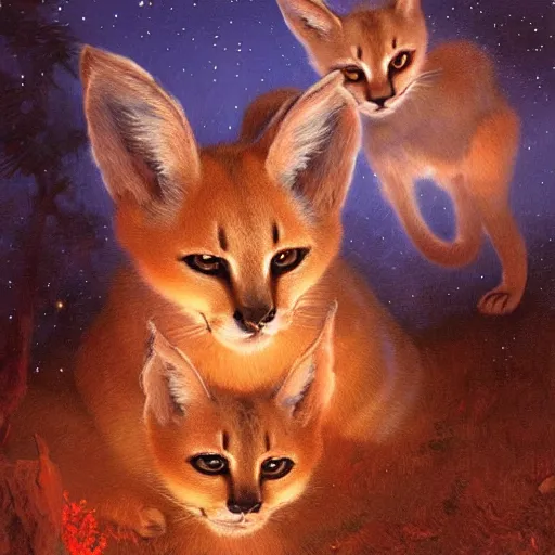 Prompt: three cute caracals wearing red bows, campfire, night, atmospheric lighting, intricate, volumetric lighting, digital art, highly detailed by gaston bussiere, craig mullins, j. c. leyendecker 8 k