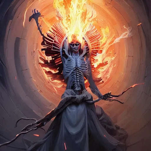 Image similar to skeleton burning in divine holy god ray spell scroll art by artgerm and greg rutkowski and Craig Mullins, James Jean, Andrey Ryabovichev, Mark Simonetti and Peter Morbacher 16k