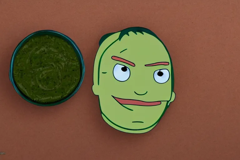 Image similar to jimmy pesto from bob's burgers, face is made of pesto, 8 k, photography, hd