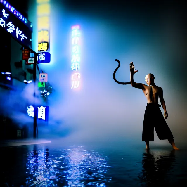 Image similar to cyborg monk water dance supreme water fist, detailed animal form water, fighting stance energy, shibuya prefecture, cinematic neon uplighting, fog mist smoke, photorealistic, night photography by tomino - sama