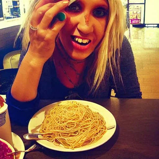 Prompt: “ ke $ ha eating spaghetti at a starbucks, detailed, realistic ”