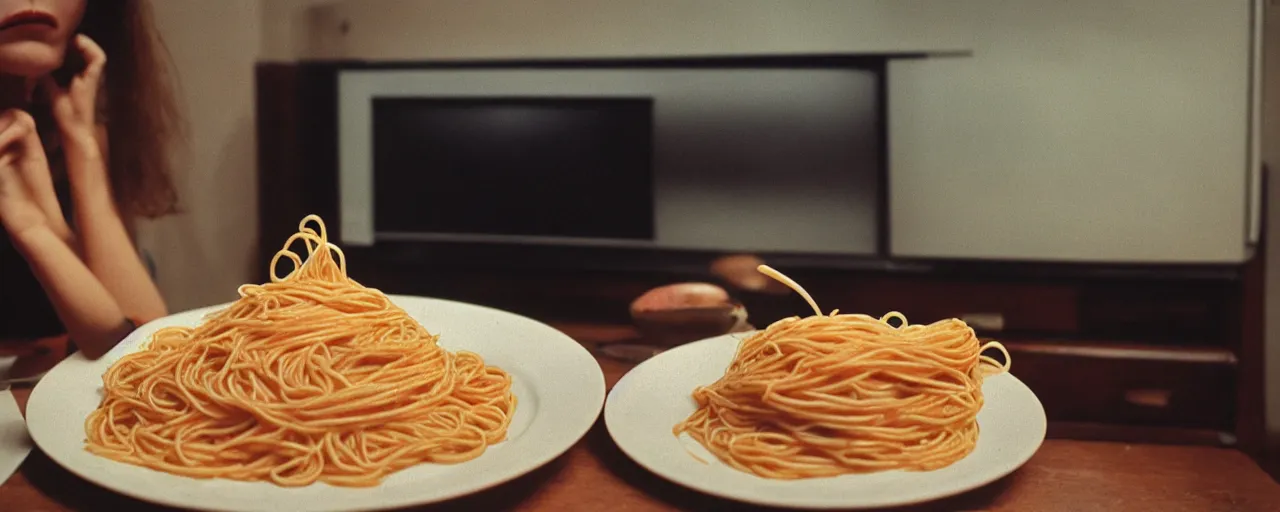 Image similar to eating spaghetti alone in front of the tv, modern era, canon 5 0 mm, kodachrome, in the style of wes anderson