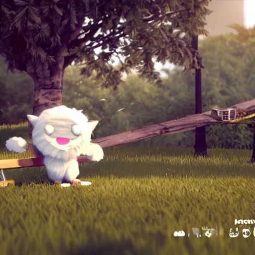 Image similar to a still from the game Little Big Planet, of a cute furry striped white-colored monster, enjoying while sitting on a swing in the middle of a park, facing towards the camera, dramatic lighting, by Victor Hugo, octane render, unreal engine, eye detailing, full-shot, very, very, very, very cute photo