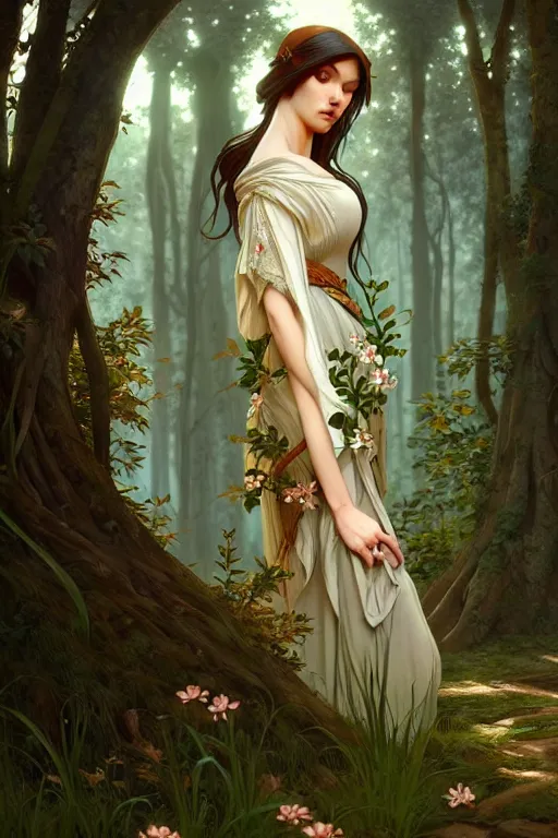 Image similar to beautiful digital painting of a stylish medieval female forest with high detail, 8 k, stunning detail, works by artgerm, greg rutkowski and alphonse mucha, unreal engine 5, 4 k uhd