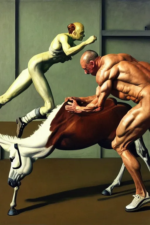 Image similar to , astronaut bodybuilder doing bench press with a horse instead of a dumbbell astronaut bodybuilder doing bench press with horse instead of dumbbell, hauntingly surreal, highly detailed painting by francis bacon, edward hopper, adrian ghenie, gerhard richter, and james jean soft light 4 k,