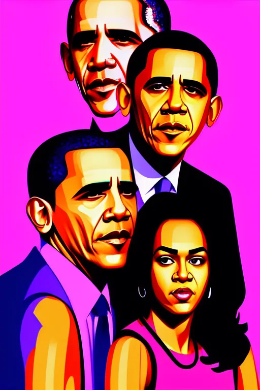 Image similar to obama and his daughter, gta vice city style art, pop art, no duplicate image, glowing lights, ultra details, digital painting, artstation, concept art, smooth, sharp focus, illustration, intecrate details, art by richard hamilton and mimmo rottela, pixels art by kirokaze and paul robertson