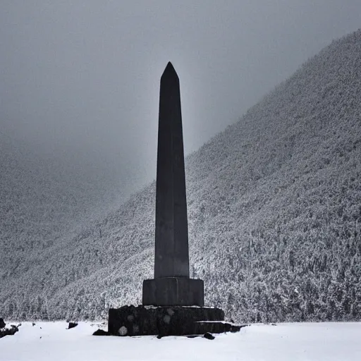 Prompt: a monolithic obelisk towering over a mountain in a taiga. overcast sky, grainy, snowing.