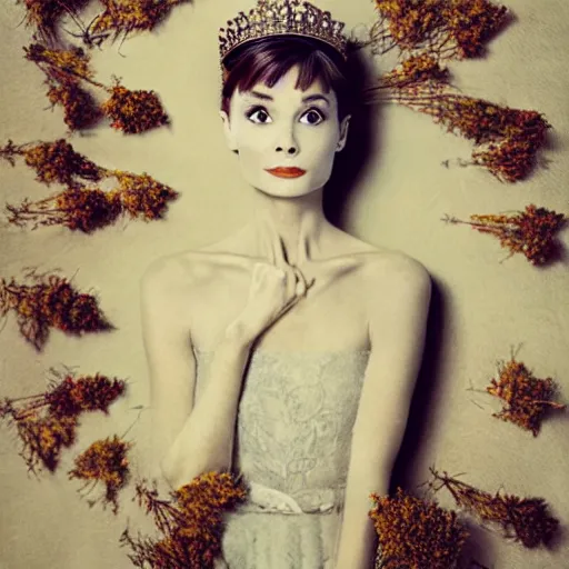 Image similar to fine art photo of audrey hepburn, she has a crown of dried flowers, by oleg oprisco