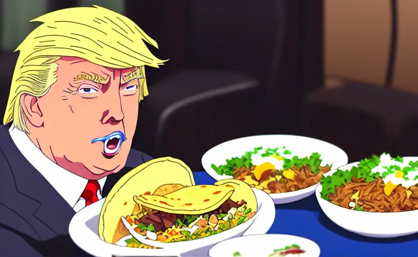 Image similar to beautiful makoto shinkai anime style digital film still portrait of donald trump eating a taco bowl, 4 k, 8 k, hd, high resolution, highly detailed, intricate detail, ultra realistic faces, digital art, trending on artstation, your name, weathering with you